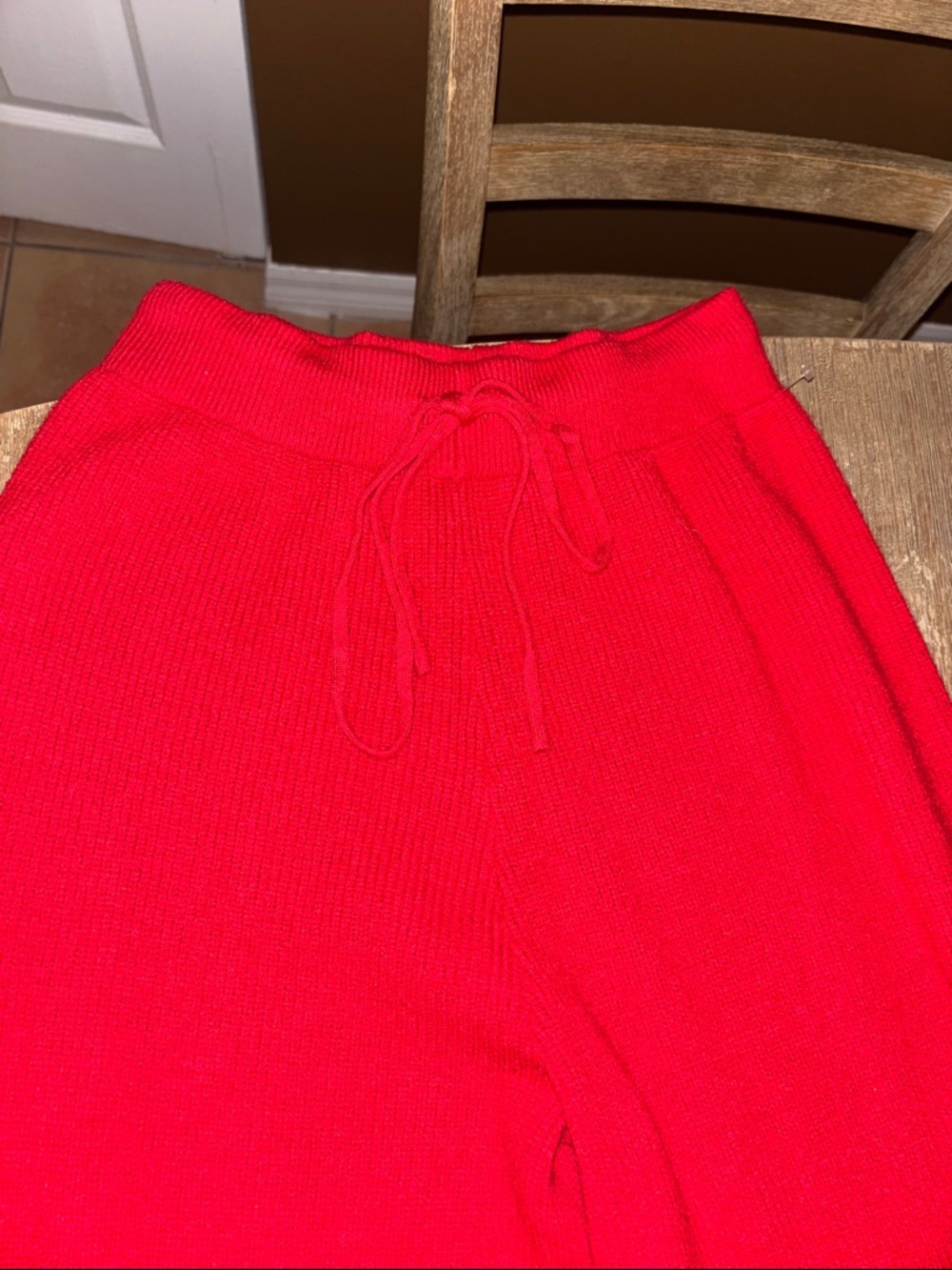 Red Wide-Leg Knit Pants with Drawstring - Picture 6 of 6